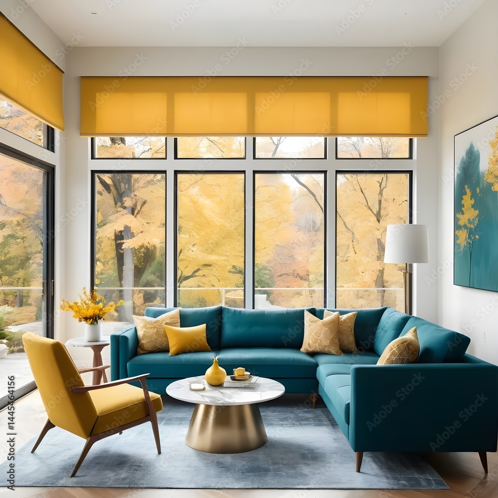 Fototapeta premium Modern Teal Sectional Sofa in Autumnal Living Room