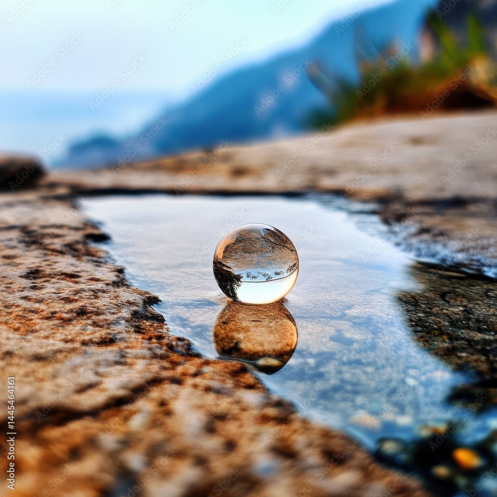 A crystal-clear droplet reflects a scenic landscape, resting on a rocky surface.