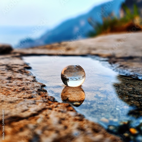 Obraz na płótnie A crystal-clear droplet reflects a scenic landscape, resting on a rocky surface. w salonie
