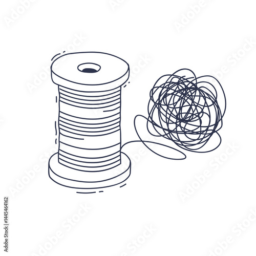 A spool of thread with a tangled mess symbolizes complexity and creativity.