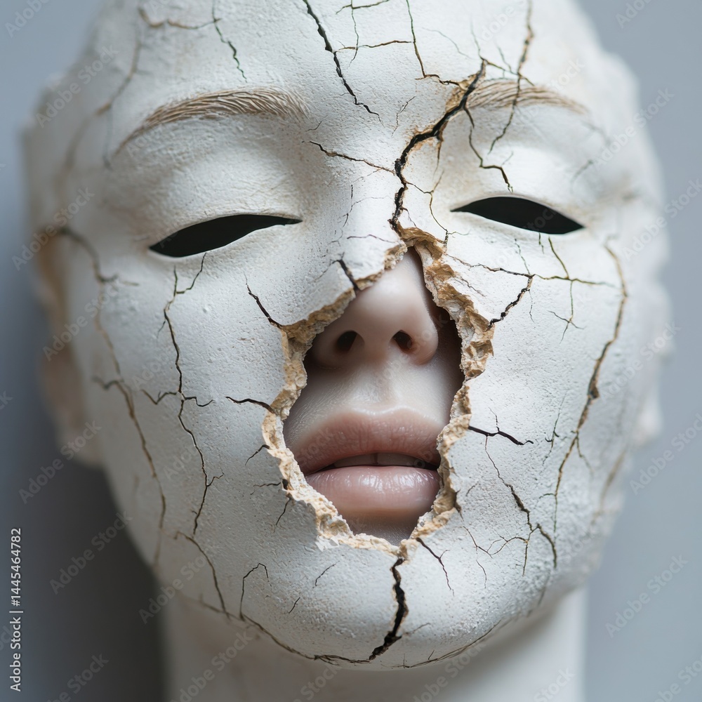 A cracked mask with a haunting expression, showcasing intricate details and textures.