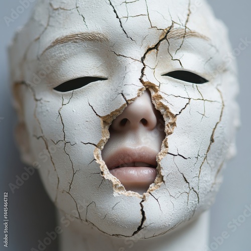 Obraz na płótnie A cracked mask with a haunting expression, showcasing intricate details and textures. w salonie