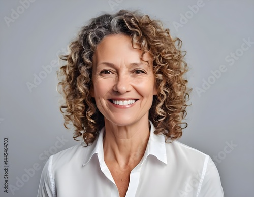 Happy Mature Woman with Curly Hair Smiling