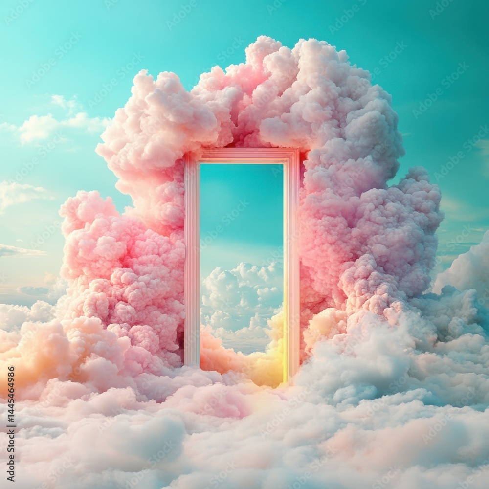 A surreal doorway amidst colorful clouds invites exploration into a dreamlike realm.