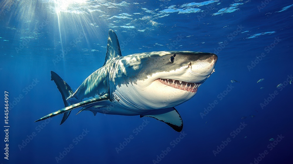 Fototapeta premium Great white shark swimming underwater in sunlit ocean