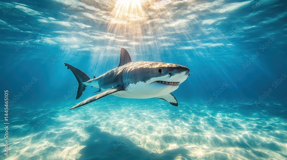 Obraz premium Great white shark swimming under sunlit ocean waters
