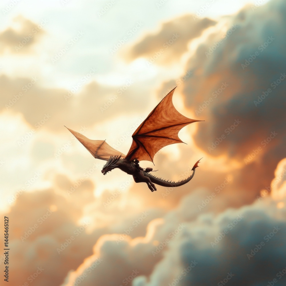 A dragon soars through a colorful sky filled with clouds.
