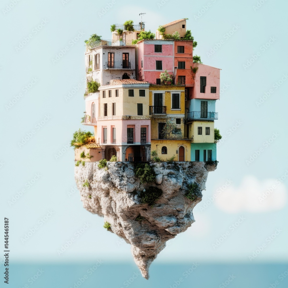 A whimsical floating island featuring colorful buildings amidst a serene sky backdrop.