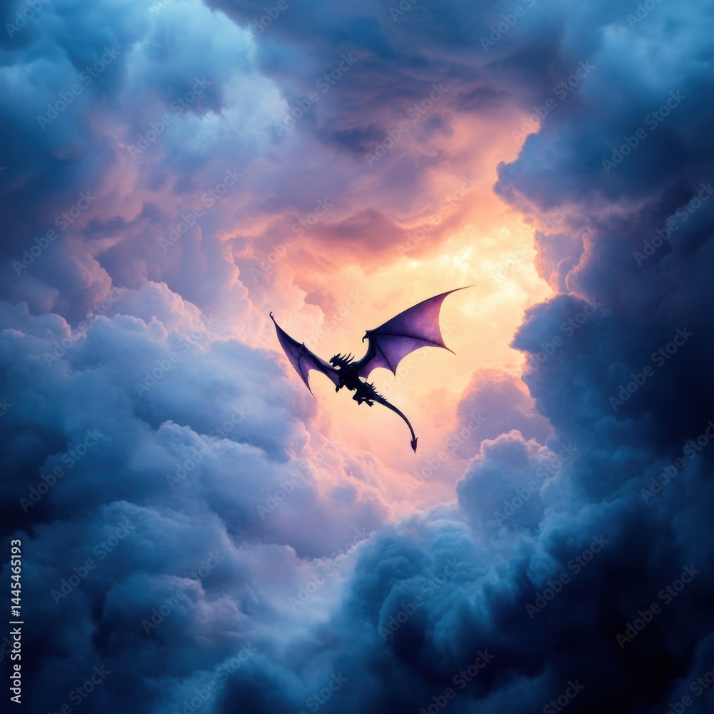 A dragon soars through a dramatic, cloud-filled sky illuminated by soft light.