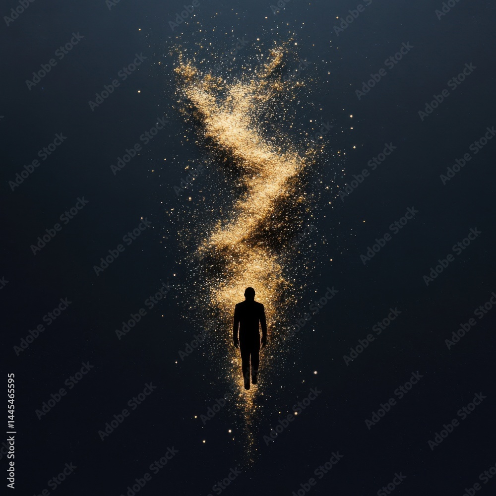 A figure surrounded by shimmering particles, creating a mystical and ethereal atmosphere.