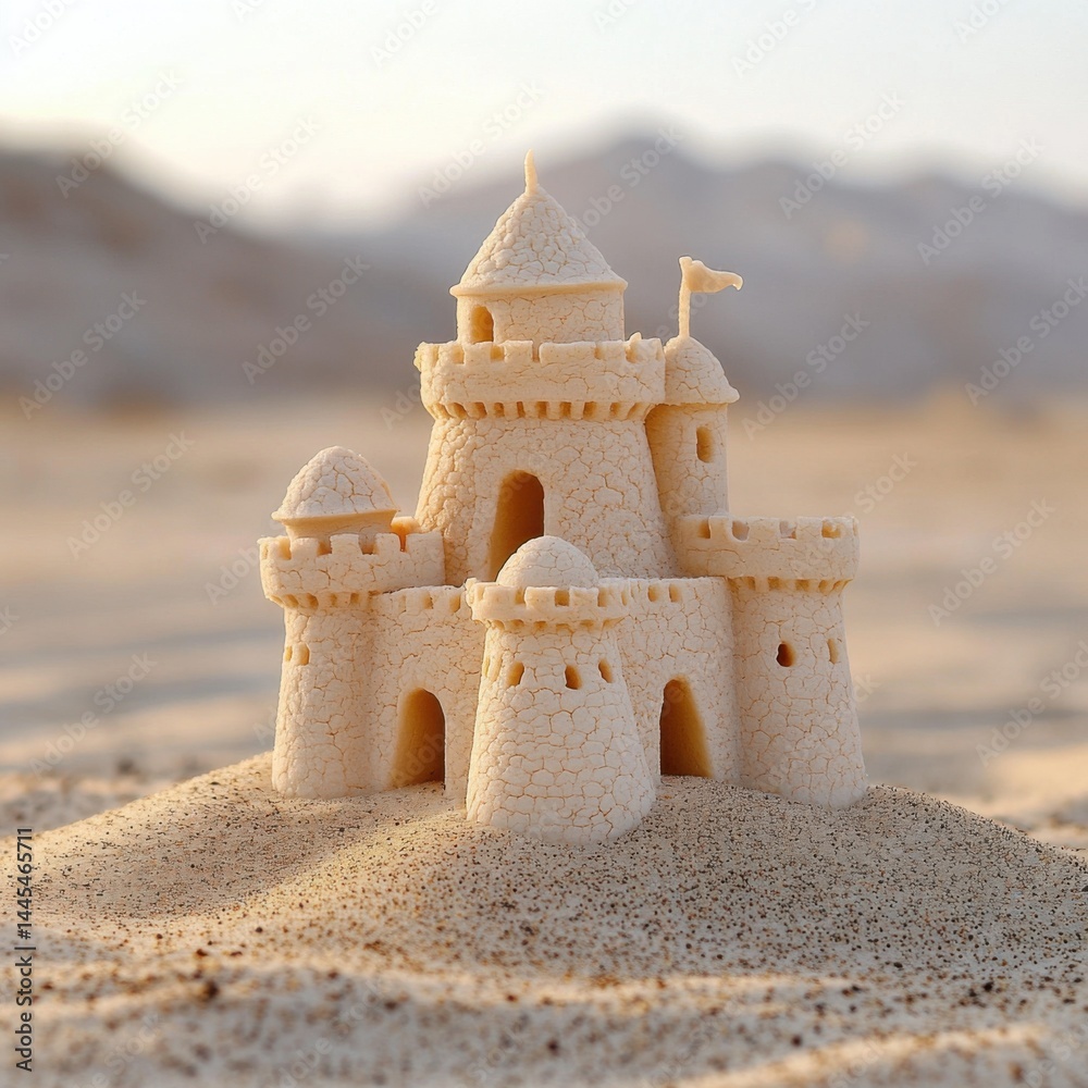 A detailed sandcastle stands majestically on the beach against a blurred mountainous backdrop.