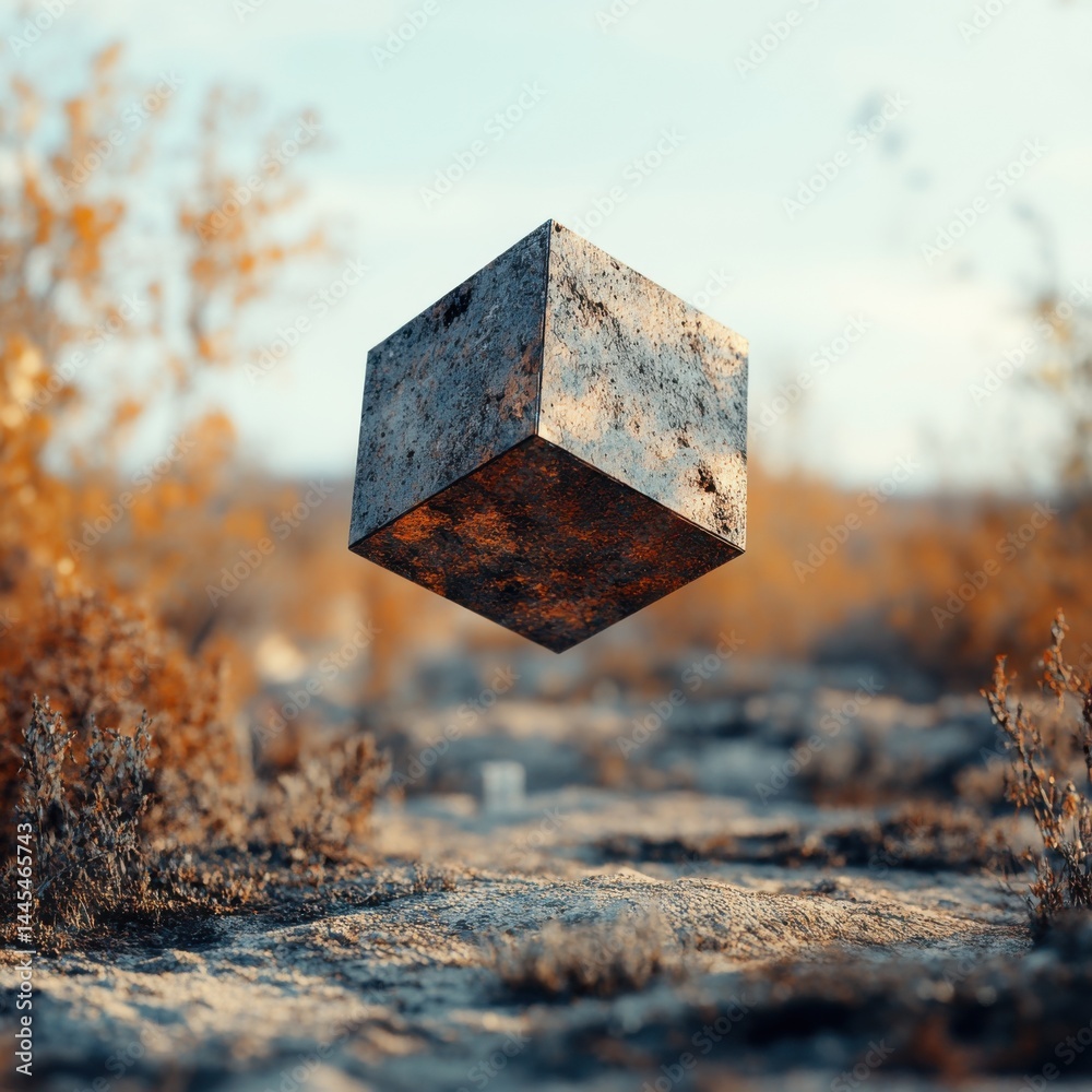 Suspended geometric cube amidst a dry, natural landscape with autumn foliage.