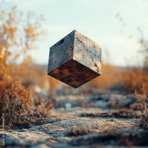 Obraz na płótnie Suspended geometric cube amidst a dry, natural landscape with autumn foliage. w salonie