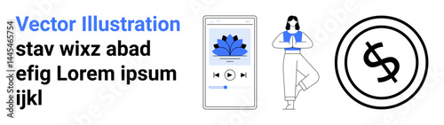 Smartphone with meditation app, woman in tree yoga pose, and dollar coin symbol. Ideal for mindfulness, health, fitness, mobile apps, financial planning, personal growth abstract line flat metaphor