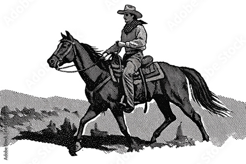 wild west cowboy on a horse. western vintage halftone grunge vector design element isolated on white background PNG