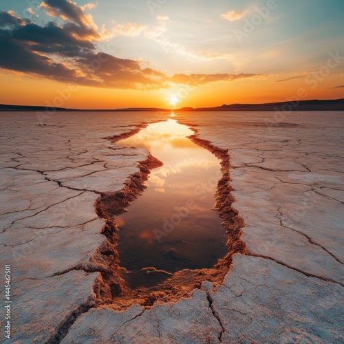 Dry landscape reflecting a sunset in a shallow water channel, highlighting nature's beauty and texture.