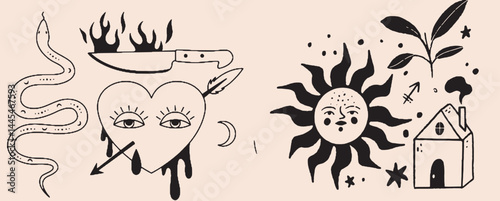 Hand-drawn vintage mystical and magic symbols illustration