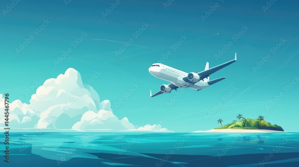 Naklejka premium Illustration of white airplane flying over tropical island with blue ocean. Vacation and travel concept background