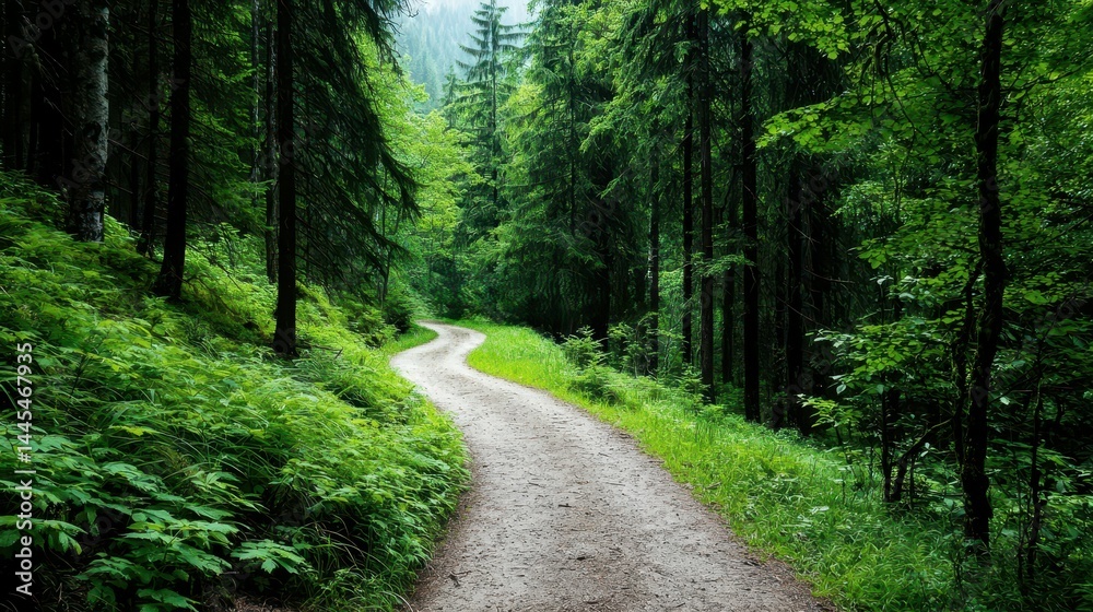 Serene forest trail winding through lush greenery on a calm day.