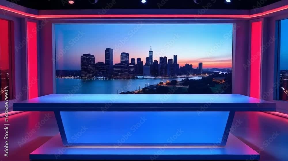 A red and blue news desk in a television studio and a backdrop of a city skyline