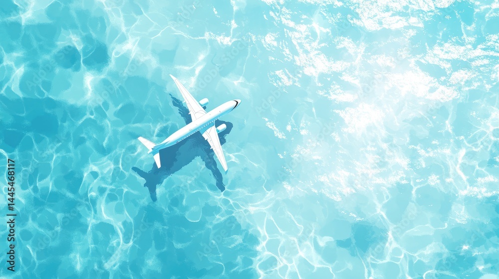 Fototapeta premium White airplane flying over clear blue ocean water with ripples and shadow. Vacation concept background