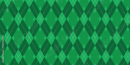 A seamless repeating pattern of bright emerald green diamonds, separated by dotted white lines.