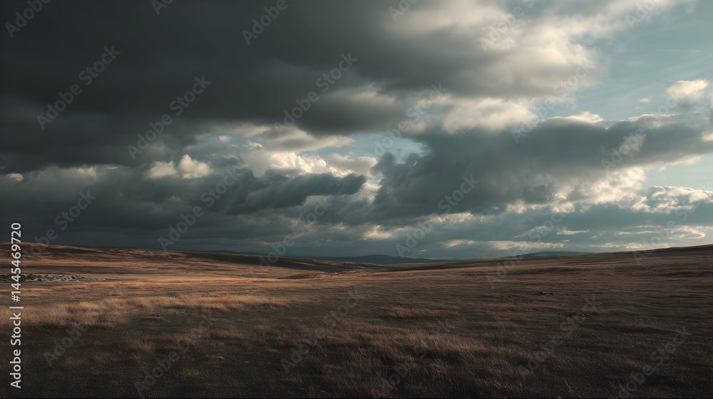 Obraz premium Dramatic clouds cascade over a vast, golden grassland casting long shadows under a shifting sky