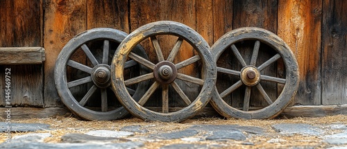 Three weathered wagon wheels lean against rustic wooden wall with stone base