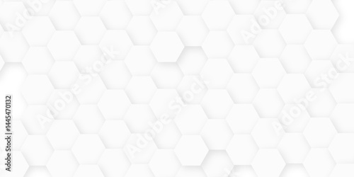 Minimal white hexagonal hexagon modern technology creative emboss light honeycomb polygonal web. abstract geometric science and mosaic tile with template texture background.	