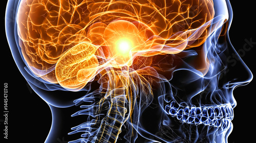 Side-View Scan Illustration of Human Head with Brainscan Thalamus Highlight photo