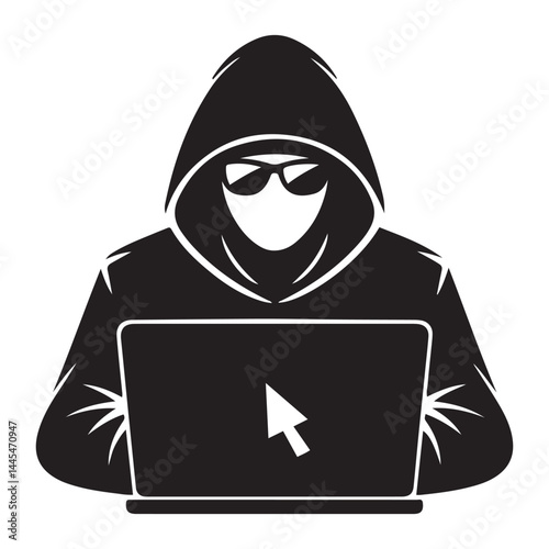 Hacker laptop icon. Simple illustration of hacker laptop vector icon for web design Vector Black silhouettes. with white background