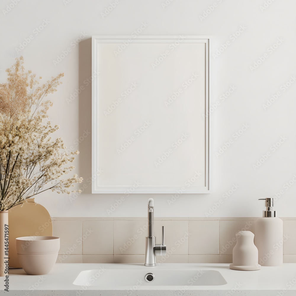 Fototapeta premium Mock up poster frame in modern kitchen interior. Scandinavian style, with beige walls, white countertops with built in sink and vertical mock up poster frame.