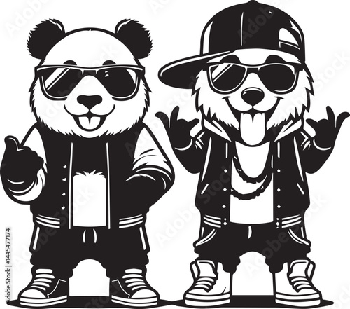 Hip-Hop Pandas Rocking Sunglasses and Cool Styles. Two stylized panda bears, dressed in trendy clothing, sunglasses, and displaying a cool attitude, perfect for a humorous or youth-oriented design pro