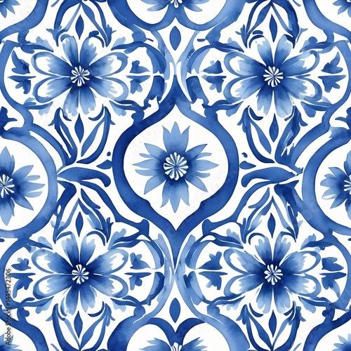 Blue and White Watercolor Floral Tile Pattern