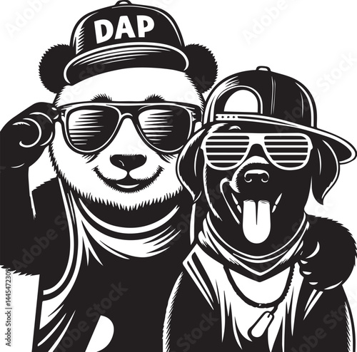 Hip-Hop Pandas Rocking Sunglasses and Cool Styles. Two stylized panda bears, dressed in trendy clothing, sunglasses, and displaying a cool attitude, perfect for a humorous or youth-oriented design pro