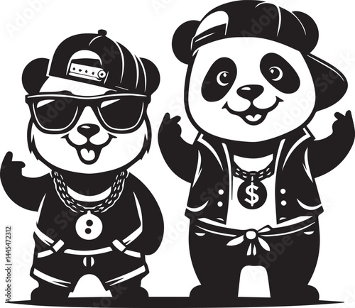 Hip-Hop Pandas Rocking Sunglasses and Cool Styles. Two stylized panda bears, dressed in trendy clothing, sunglasses, and displaying a cool attitude, perfect for a humorous or youth-oriented design pro