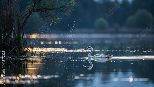 Serene bird glides across tranquil lake, creating gentle ripples and reflections in water photo