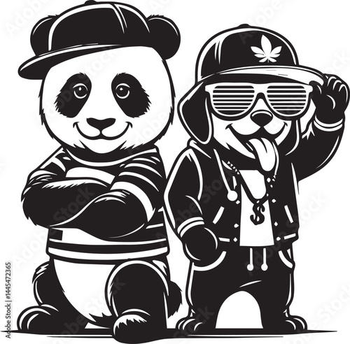Hip-Hop Pandas Rocking Sunglasses and Cool Styles. Two stylized panda bears, dressed in trendy clothing, sunglasses, and displaying a cool attitude, perfect for a humorous or youth-oriented design pro