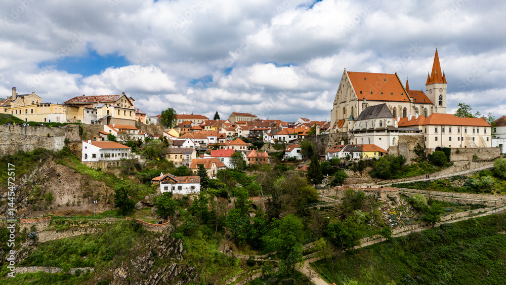 drone flyover of znojmo’s historic architecture and river valley drone flyover of znojmo’s historic architecture and river valley