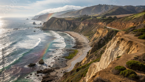 Stunning coastal landscape featuring cliffs, ocean waves, and rainbow distance, evoking