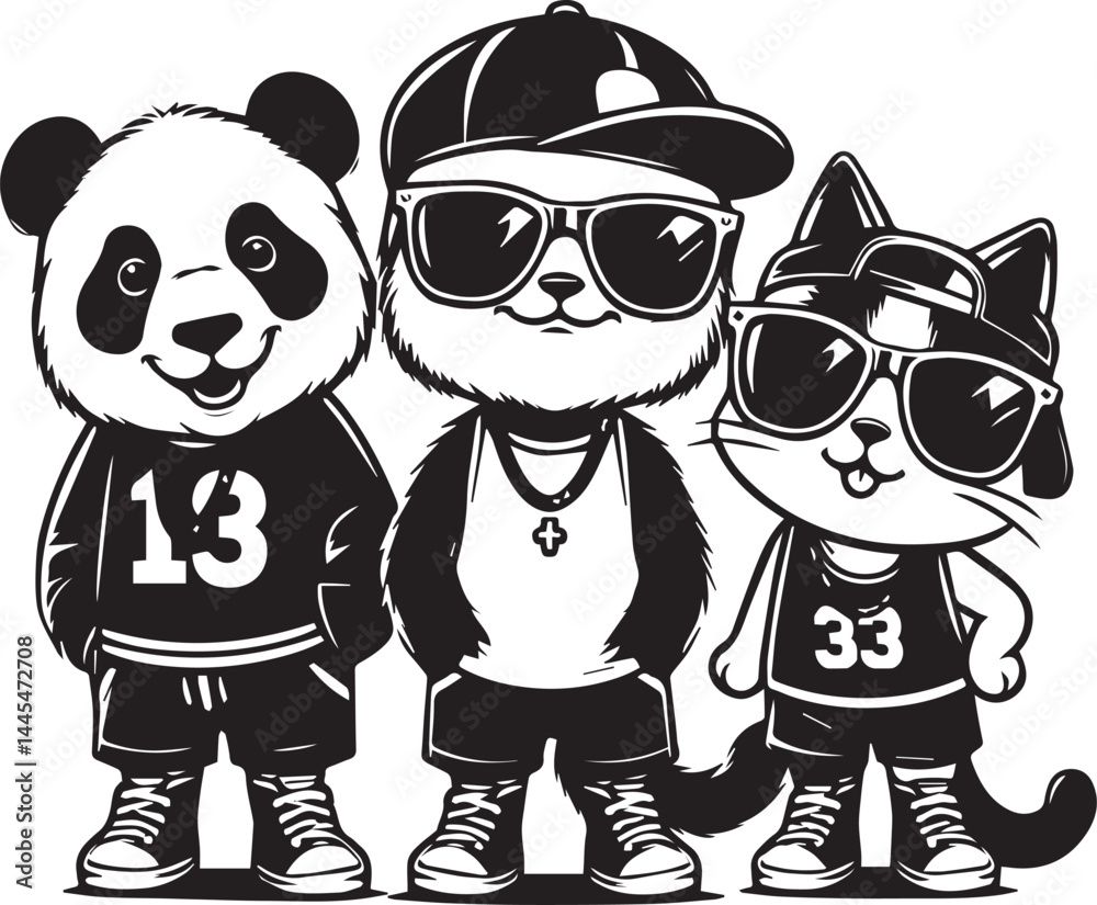 Hip-Hop Pandas and a Dog: Stylish Animals in Streetwear. Three cartoon animals – two pandas and a dog – dressed in trendy streetwear attire, complete with sunglasses, chains, and fashionable clothing. Hip-Hop Pandas and a Dog: Stylish Animals in Streetwear. Three cartoon animals – two pandas and a dog – dressed in trendy streetwear attire, complete with sunglasses, chains, and fashionable clothing.