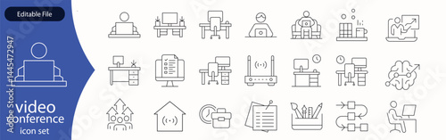 Big set of video conference line icons. Meeting, online, live, call etc. Editable stroke