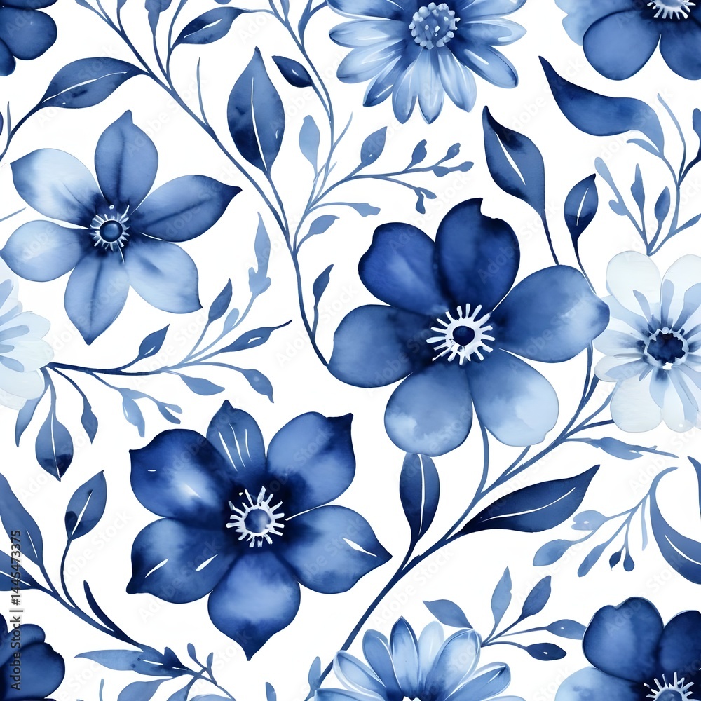Fototapeta premium Blue Watercolor Floral Seamless Pattern