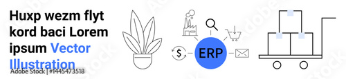 Potted plant and cart with boxes alongside ERP icon, magnifying glass, email, and shopping cart. Ideal for logistics, digital tools, supply chain, e-commerce, productivity enterprise resource
