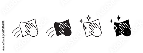Cleaning and sparkle icon. Hand wiping surface with cloth sign. Hygiene and disinfection symbol. Housework and sanitation pictogram. Tidy maintenance illustration.