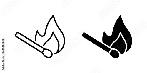 Match icon. Burning matchstick with flame sign. Fire, heat, and ignition symbol. Lighting tool and flammable object pictogram. Safety or danger illustration.