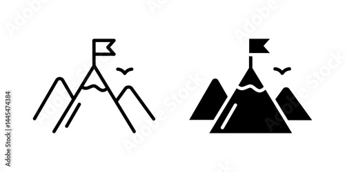 Mountain icon. Flag on summit peak sign. Success, achievement, and goal symbol. Climbing challenge and outdoor adventure pictogram. High altitude illustration.