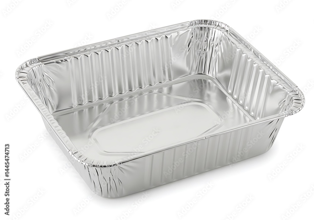 Obraz premium A shiny aluminum foil baking pan on a white background with a rectangular shape and fluted edges