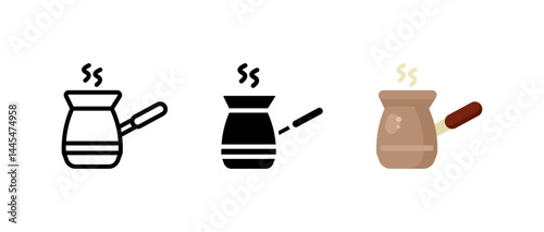 Cezve icon. Traditional Turkish coffee pot with steam sign. Hot brewing method and aromatic drink symbol. Kitchen utensil and morning beverage pictogram. Caffeine illustration.