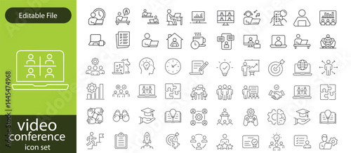 Big set of video conference line icons. Meeting, online, live, call etc. Editable stroke
